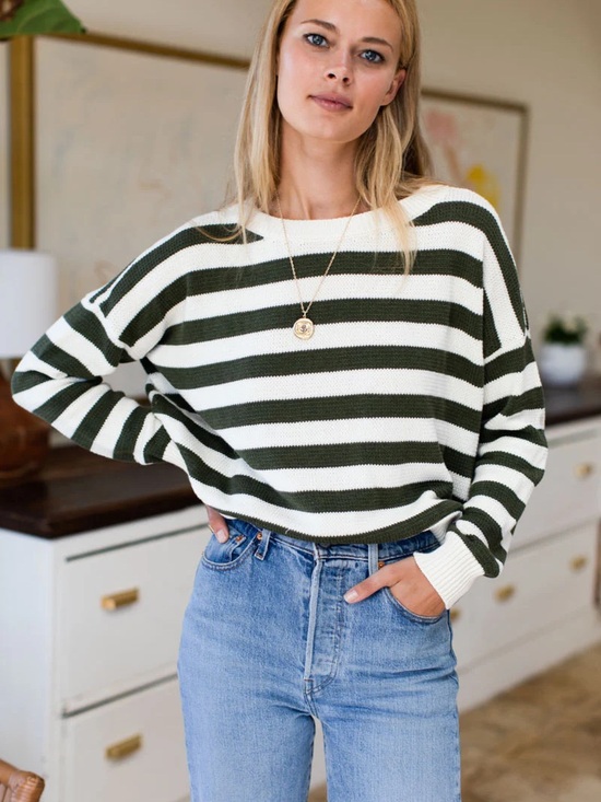 Emerson Fry Tops - Emerson Fry Olive & White Striped Carolyn Crewneck Sweater S